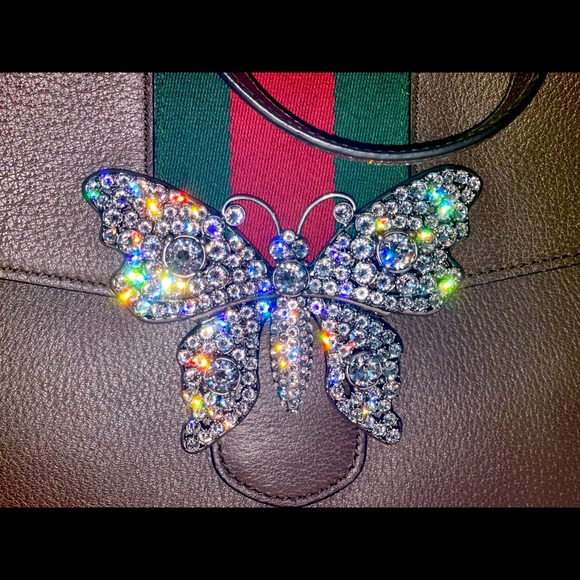 Gucci Brown Leather Crystal Butterfly Linea Totem Large Top Handle Bag - Picture 4 of 8